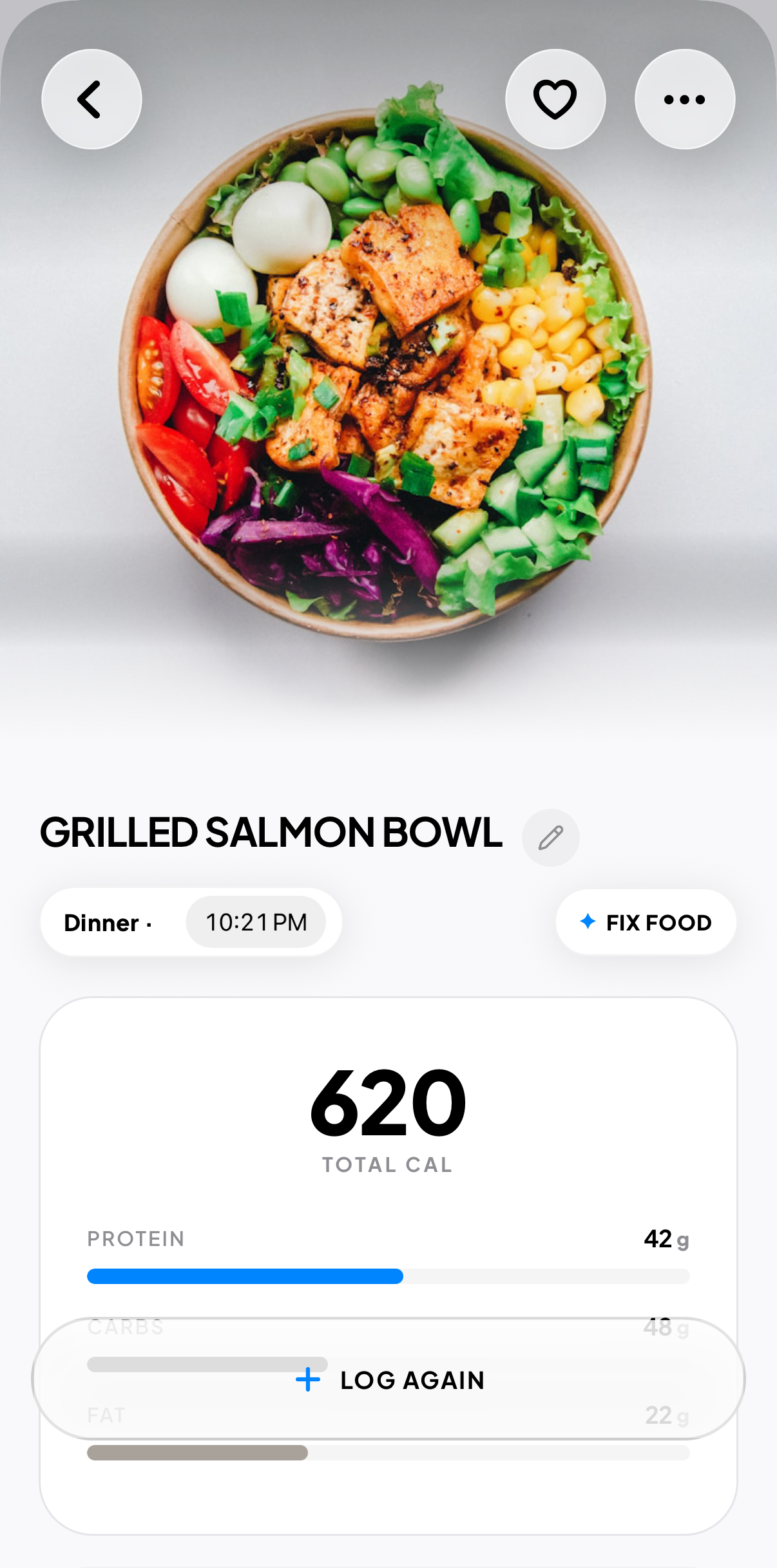Caloryze food recognition interface displaying grilled salmon bowl with 620 cal and 42g protein breakdown